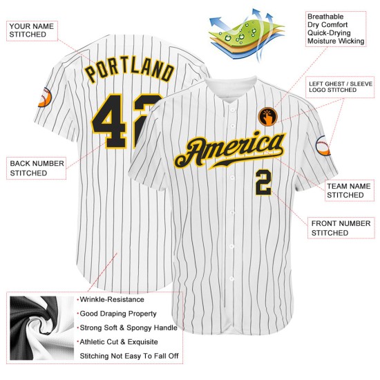 Maillot de baseball personnalisé noir et or, rayures noires et blanches Maillot de baseball personnalisé noir et or, rayures noires et blanches