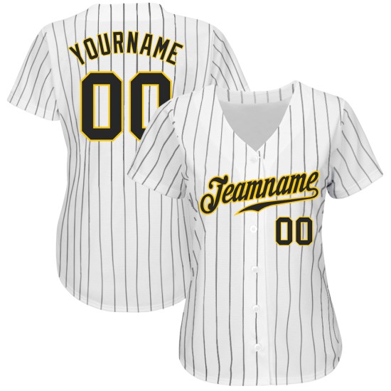 Maillot de baseball personnalisé noir et or, rayures noires et blanches Maillot de baseball personnalisé noir et or, rayures noires et blanches
